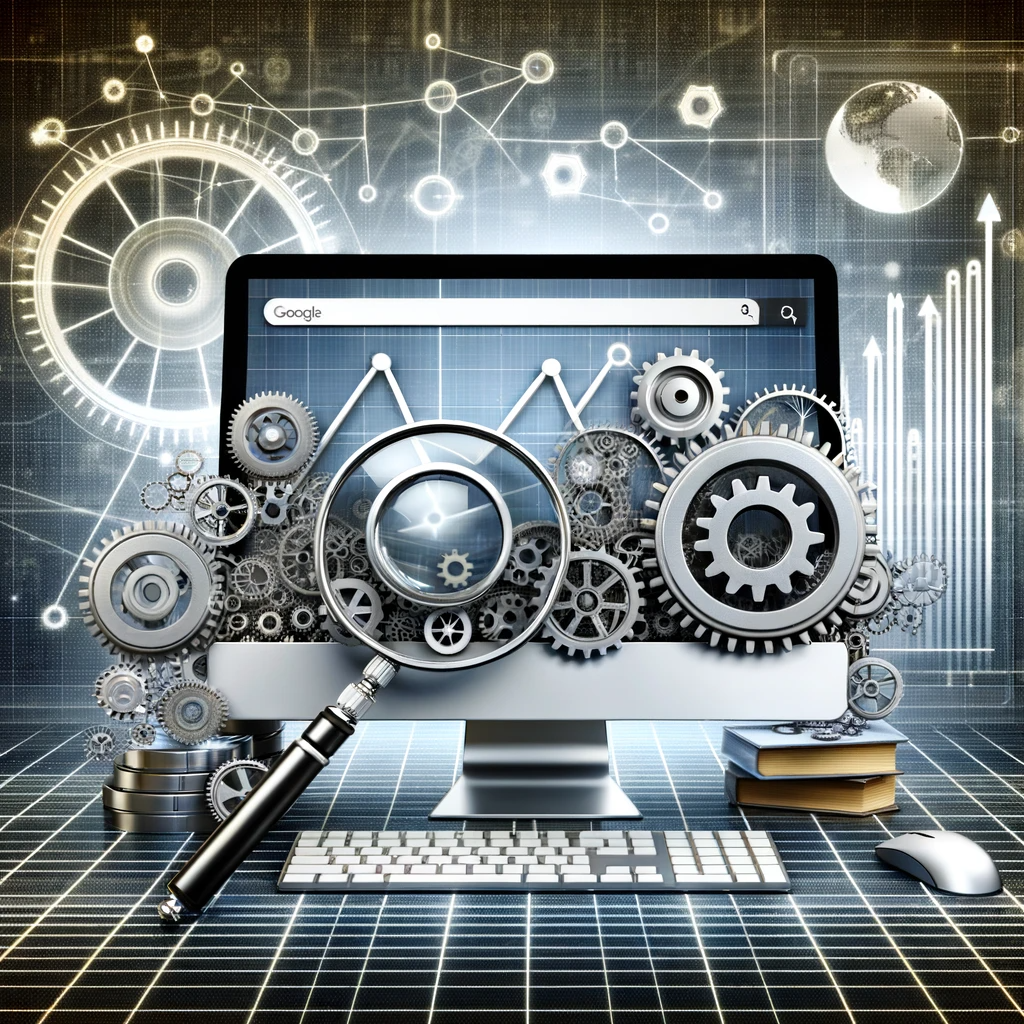 An image of cogs and a magnifying glass on a computer screen representing the ongoing nature of working on SEO